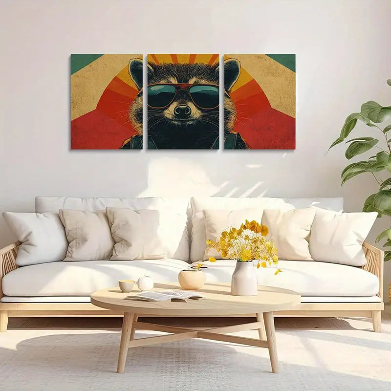 3pcs Watercolor Showcasing a Raccoon Wearing Glasses Metal Print Ready to Hang Art