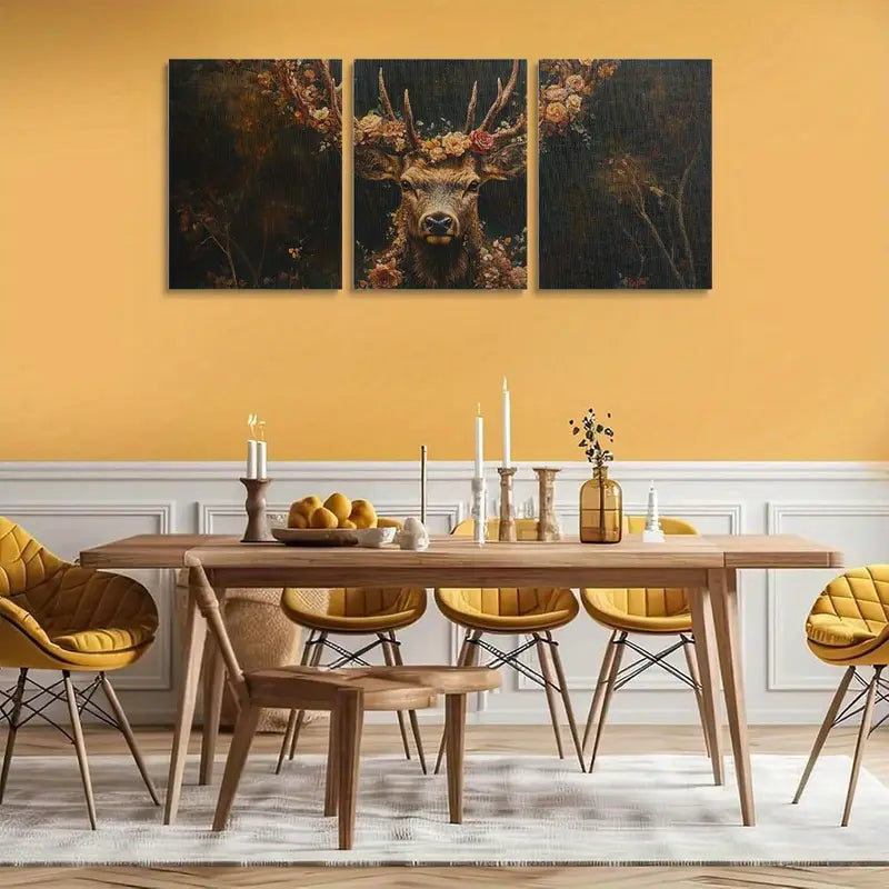 3pcs Majestic Stag and Floral Background Deer Oil Painting Metal Print Ready to Hang Art