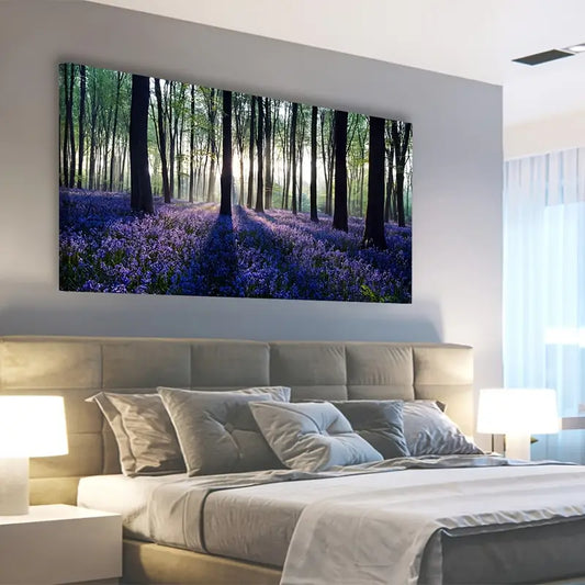 Purple Lavender Forest Vibrant Nature Sunlit Trees & Lush Foliage Wall Art canvas office home room framed 120x60cm