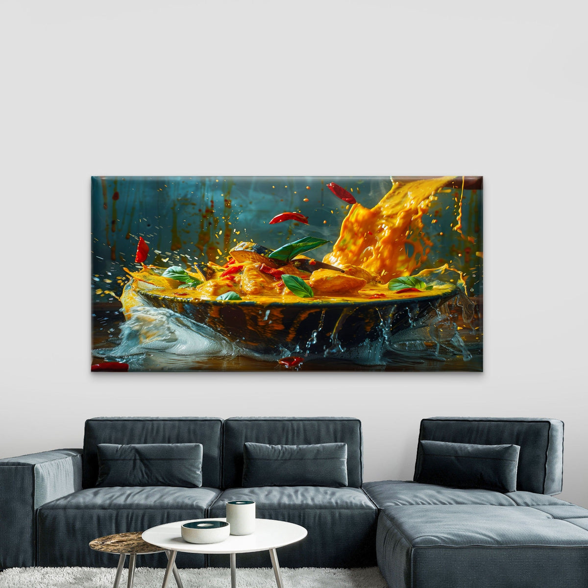 Dynamic Yellow Curry Splash Wall Art Canvas Office Home Room Framed 80x45cm