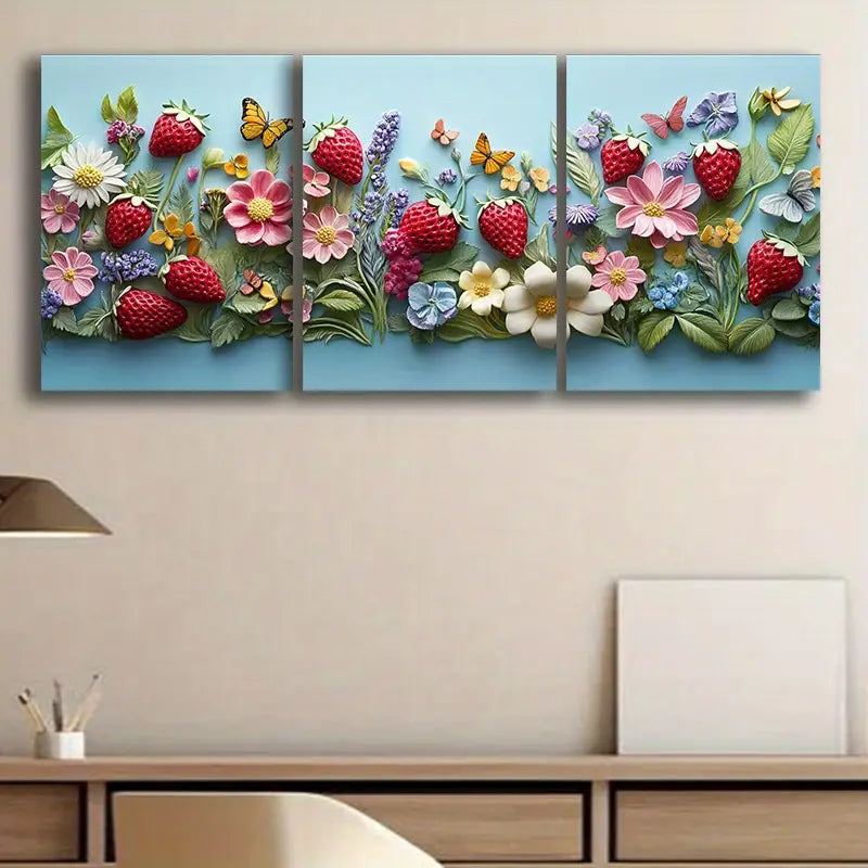 3pcs Beautiful Strawberries Metal Print Ready to Hang Art
