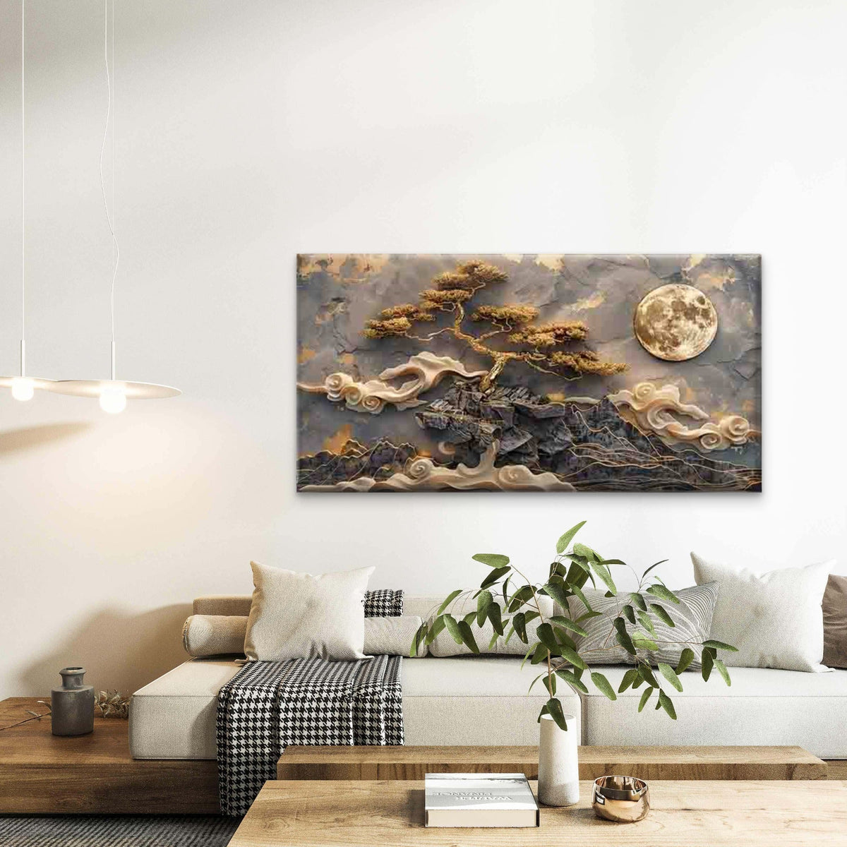 Golden Tree Under Full Moon Wall Art Canvas Office Home Room Framed 80x45cm