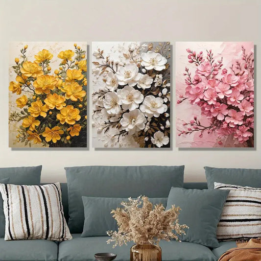 3pcs Yellow, White, Pink Blooming Branches Metal Print Ready to Hang Art