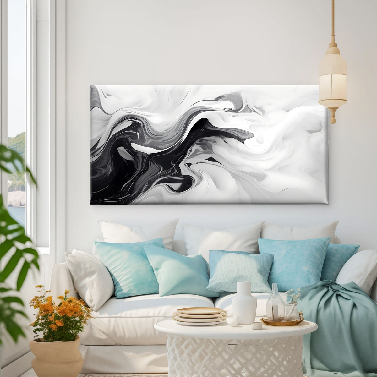 Black And White Liquid Swirls Wall Art Canvas Office Home Room Framed 80x45cm