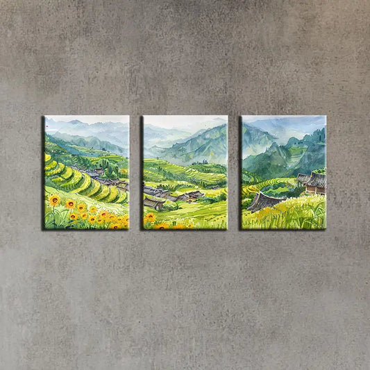 3pcs Mountain Village Greenish & Flowers Metal Print Ready to Hang Art