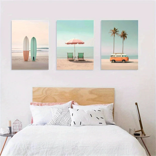 3pcs Surf Beach Pastel Summer Classic Design Metal Print Ready to Hang Art