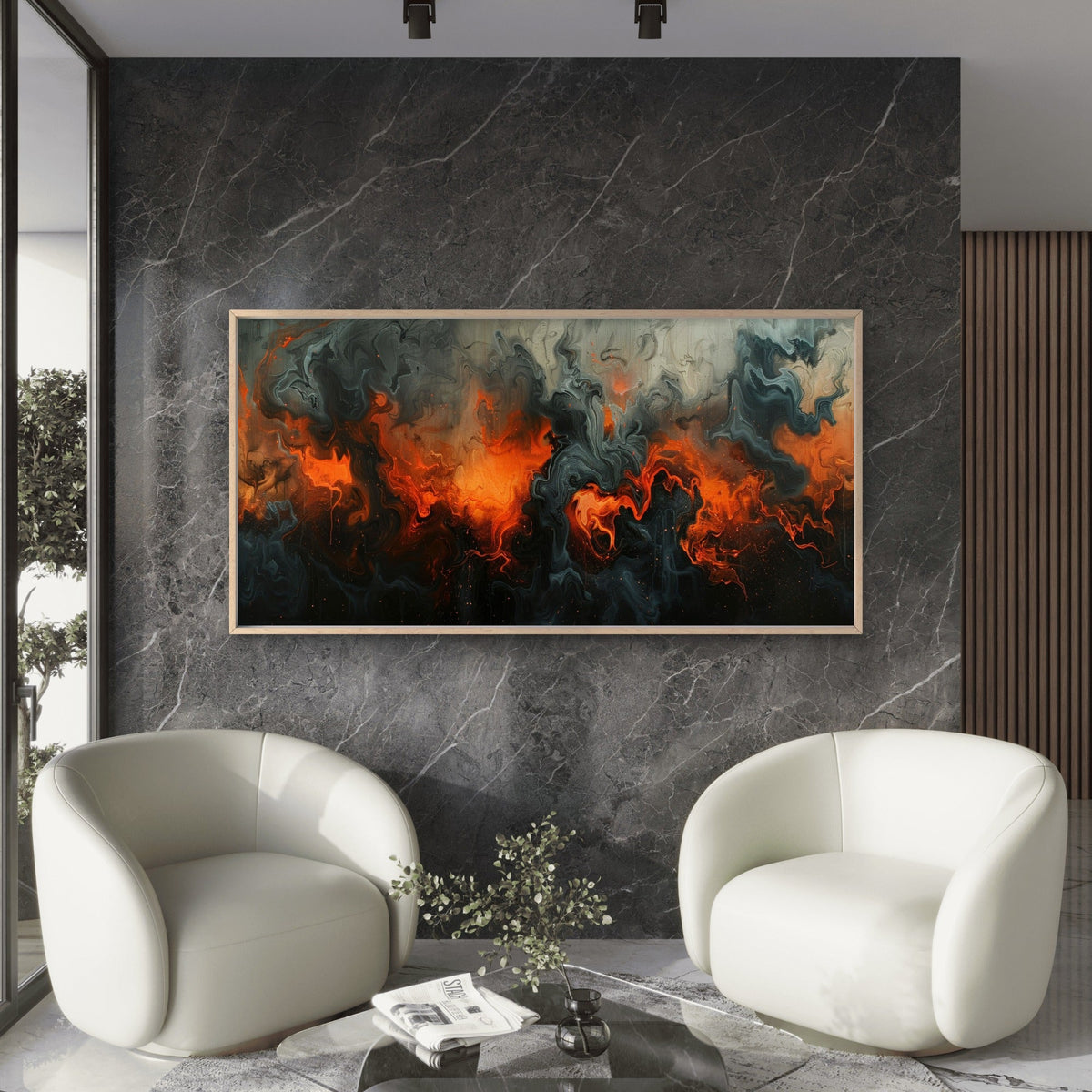 Dramatic Fiery Inferno Abstract Wall Art Canvas Office Home Room Framed 80x45cm