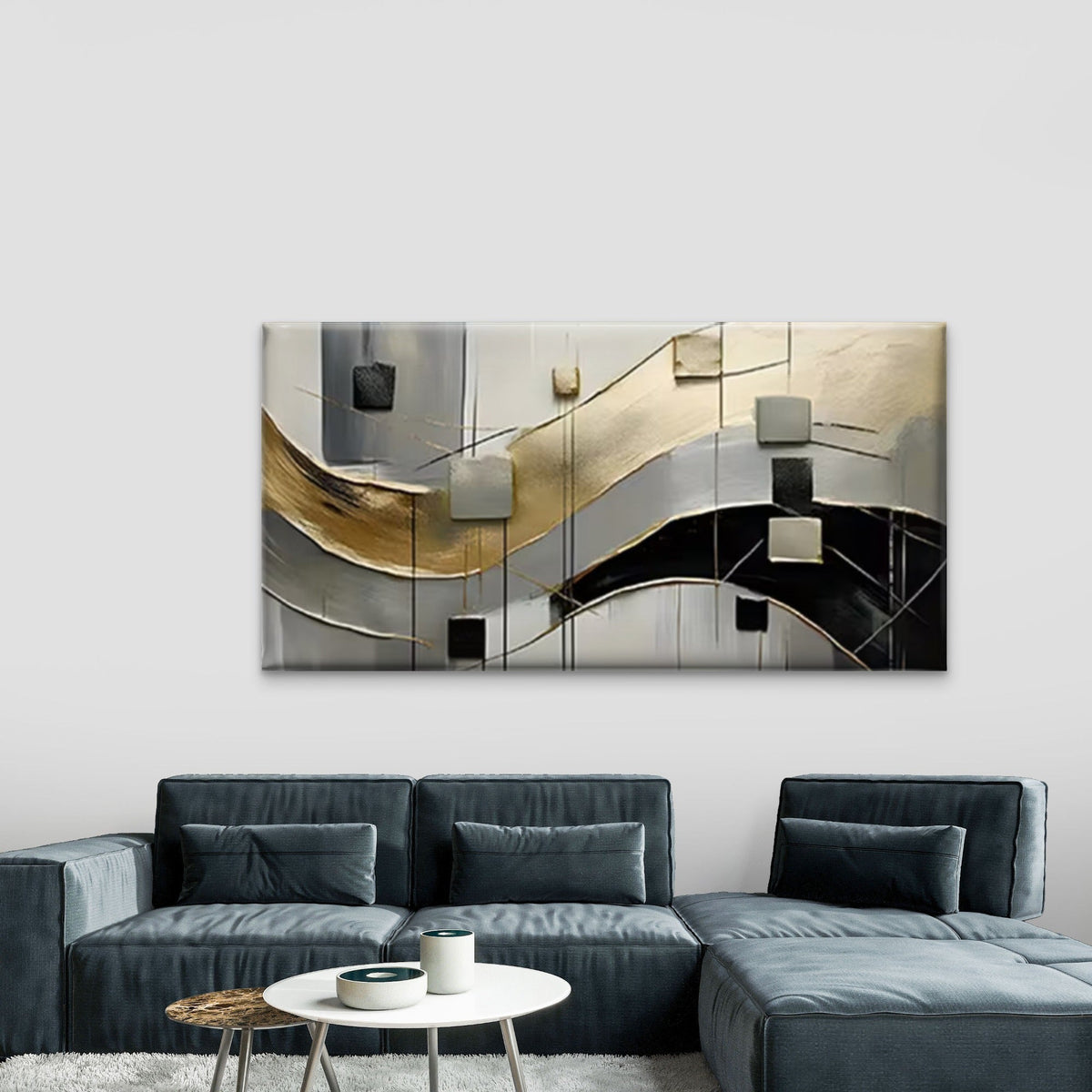 Black White Golden Line & Block Wall Art Canvas Office Home Room Framed 80x45cm