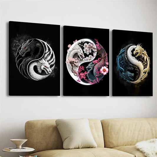 3pcs Yin Yang Dragon Vibrant Ink & Watercolor Designs Metal Print Ready to Hang Art