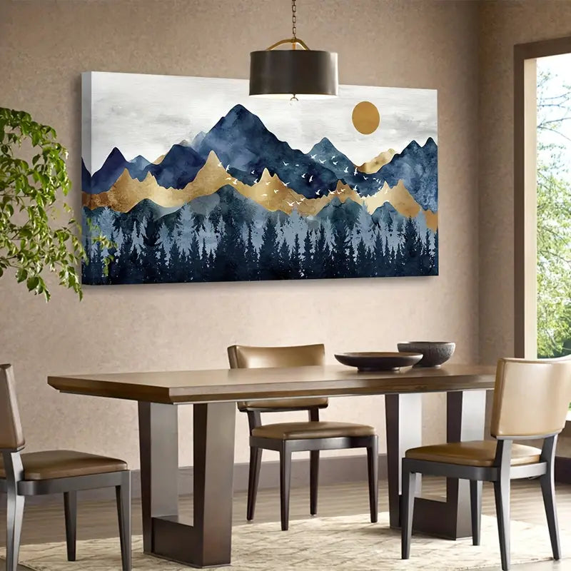 Abstract Nordic Indigo Blue Golden Mountain Forest Wall Art canvas office home room framed 80x45cm