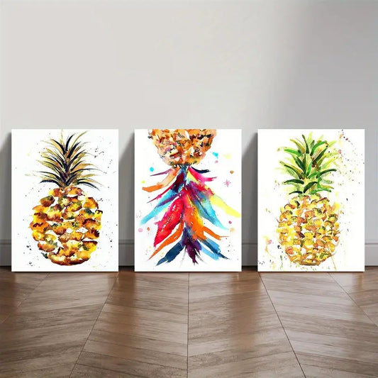 3pcs Pineapple Watercolor Abstract Fruit Oil Painting Metal Print Ready to Hang Art