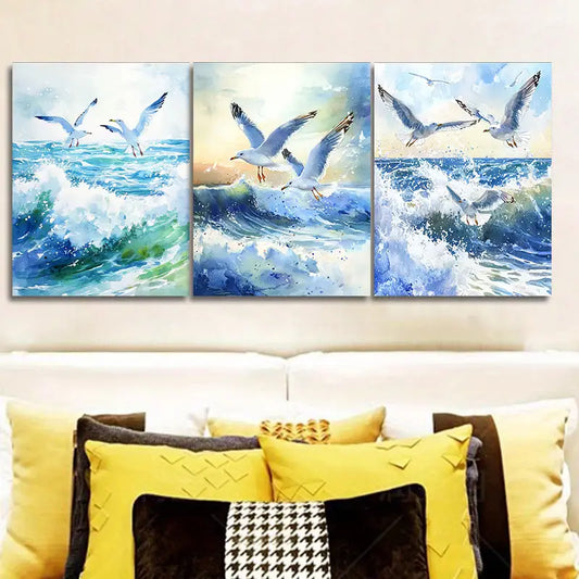 3pcs Seagulls fly over the waves Metal Print Ready to Hang Art