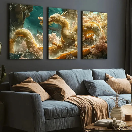 3pcs Golden Dragon Abstract Art Landscape Wall Art Set Canvas Framed 40x60cm - High Quality Print 100% Australian Made Wall Canvas Ready to Hang