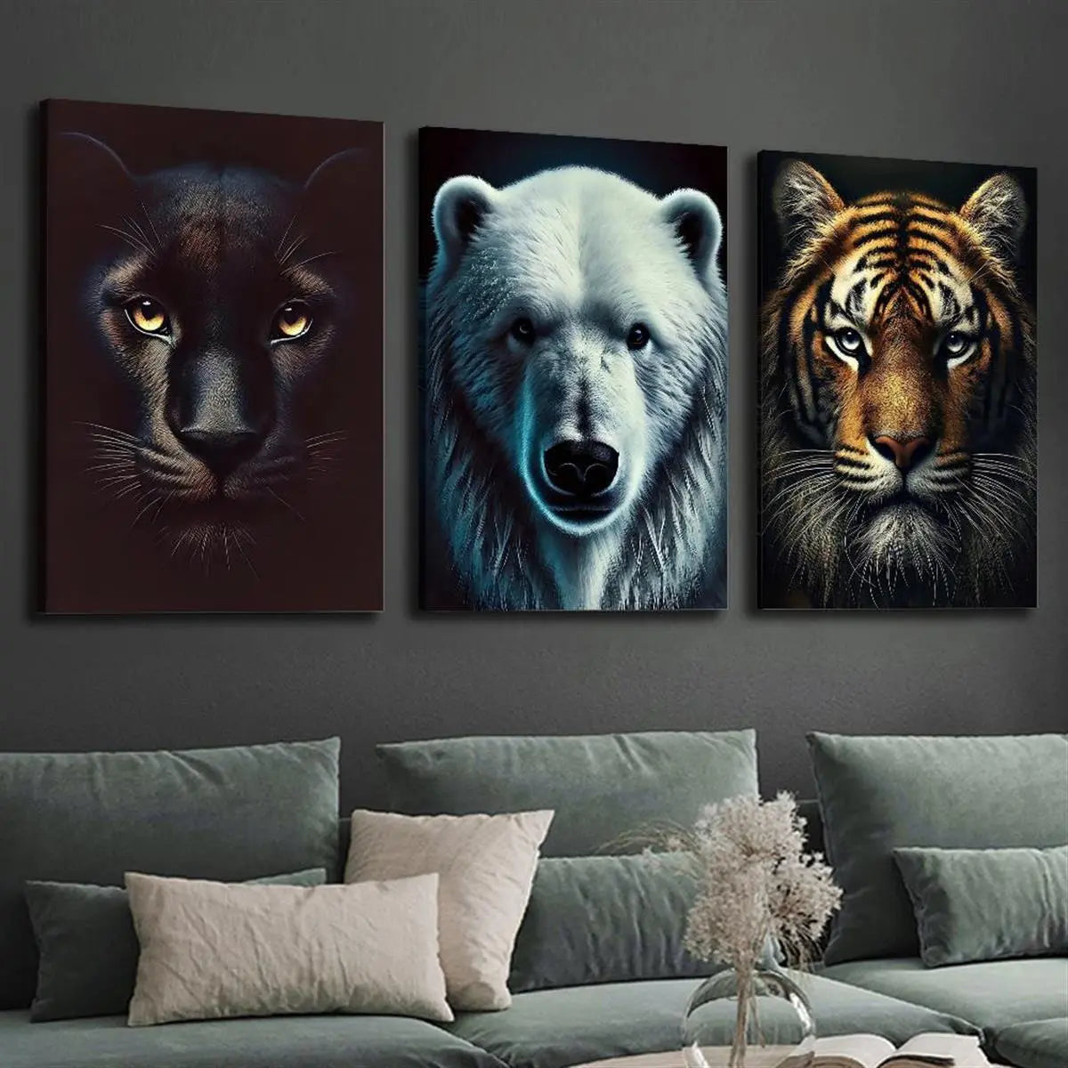 3pcs Black Panther, Polar Bear & Tiger Wildlife Metal Print Ready to Hang Art