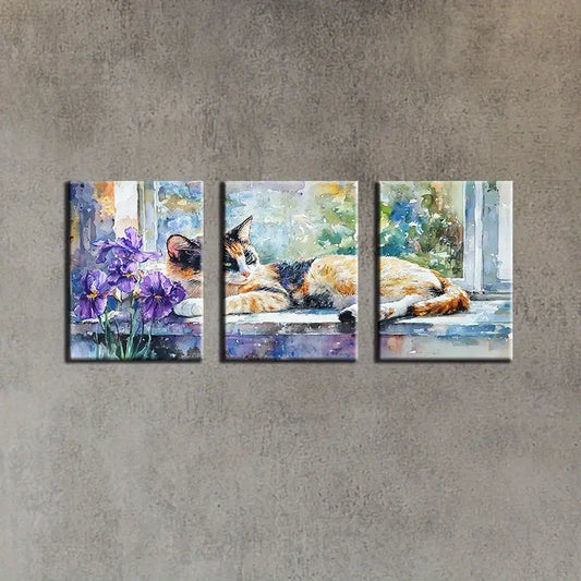 3pcs Watercolor Painting of a Cat on a Windowsill Metal Print Ready to Hang Art