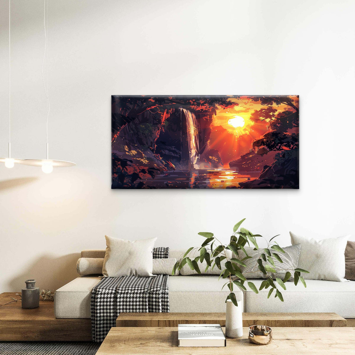Waterfall Sunset Painting Wall Art Canvas Office Home Room Framed 120x60cm