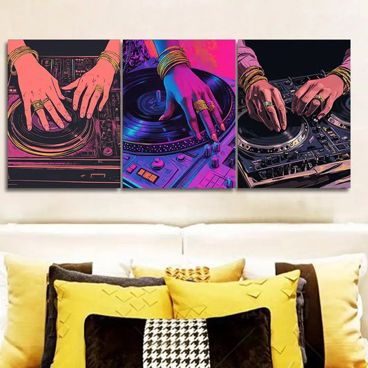 3pcs Featuring a Close-Up of Hands on a Turntable Metal Print Ready to Hang Art