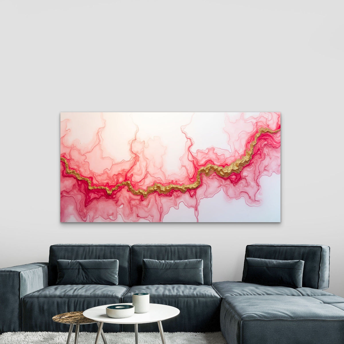 Abstract Pink Gold Veins Flow Wall Art Canvas Office Home Room Framed 80x45cm