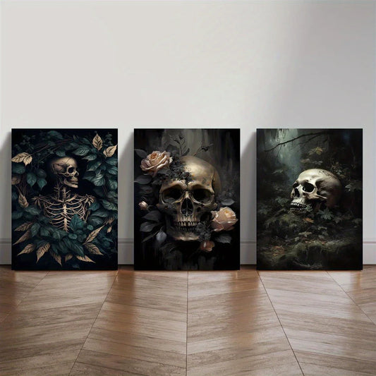 3pcs Gothic Floral Skull Dark Forest & Skeleton Metal Print Ready to Hang Art