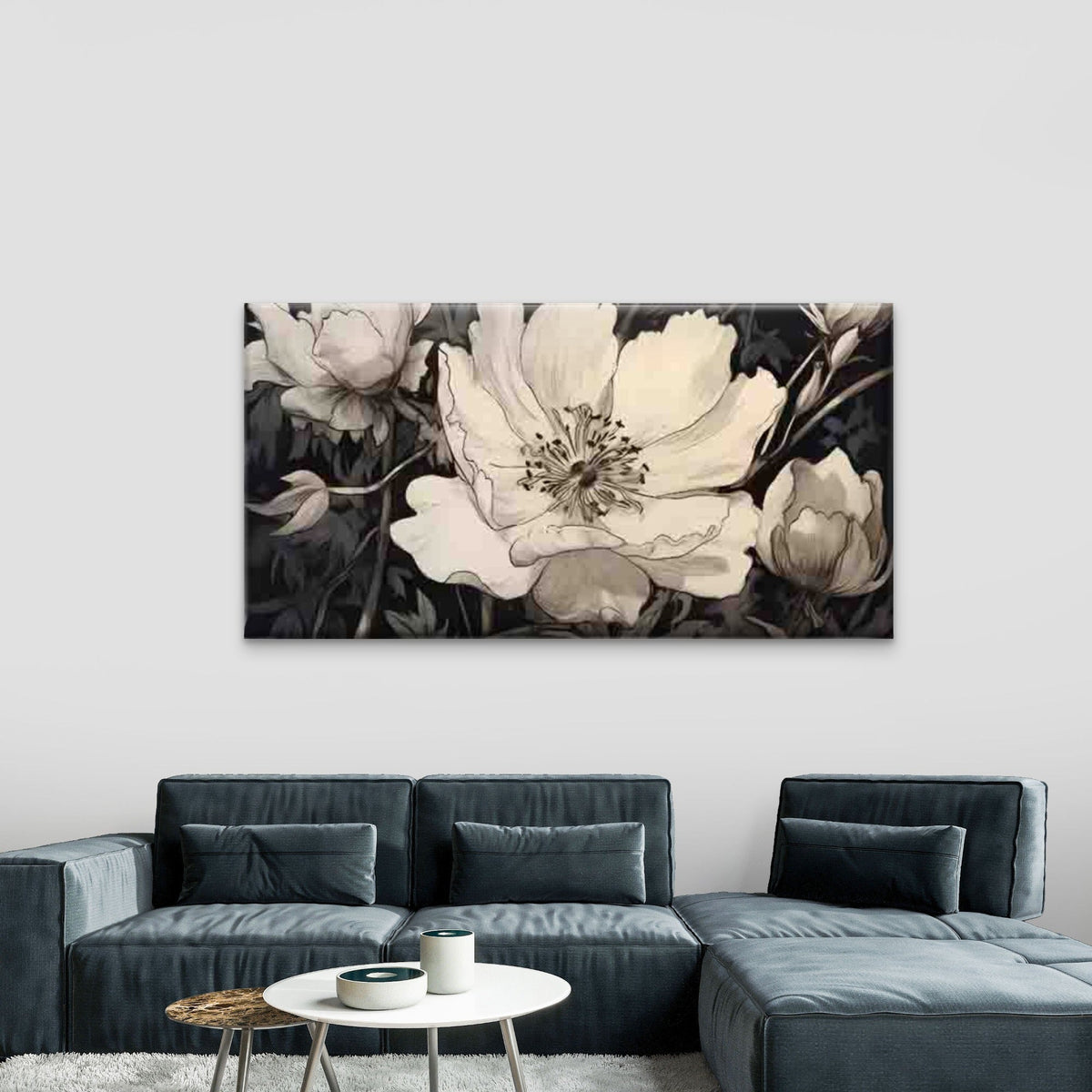 Black And White Floral Wall Art Canvas Office Home Room Framed 80x45cm