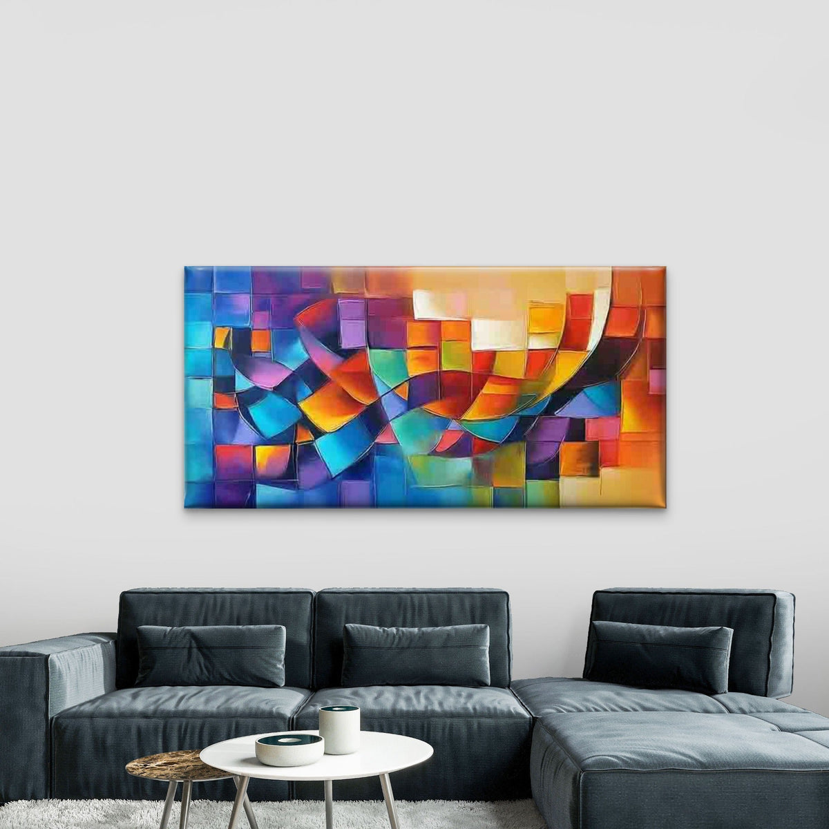 Vibrant Geometric Abstract Art Wall Art Canvas Office Home Room Framed 80x45cm