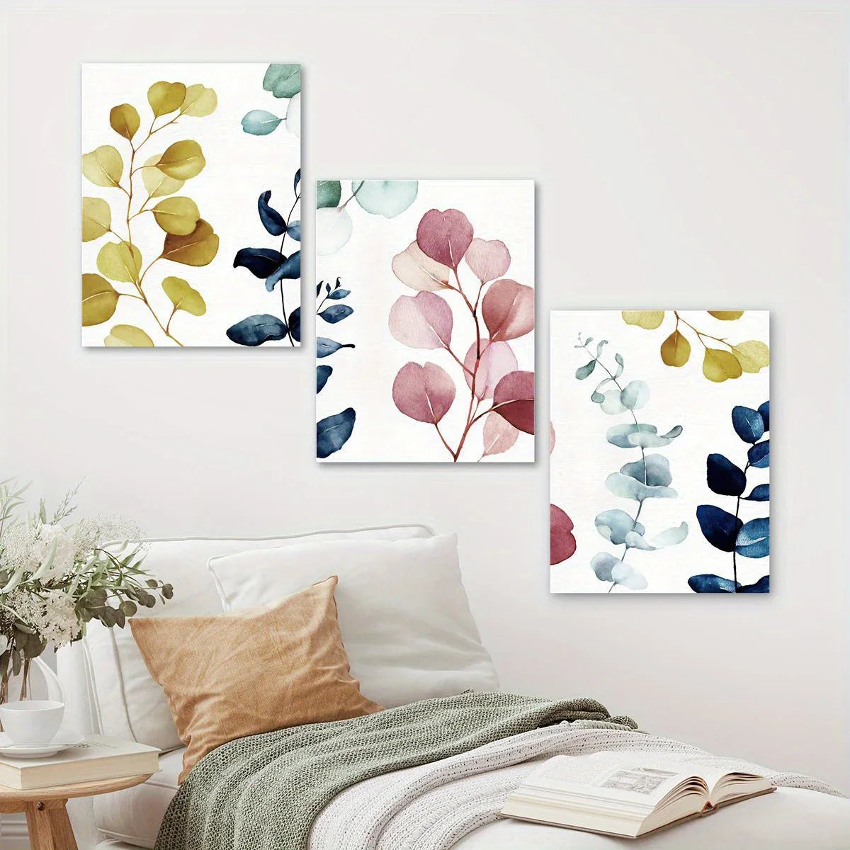 3pcs Vibrant Pink, Blue, and Green Floral Eucalyptus Leaf Metal Print Ready to Hang Art
