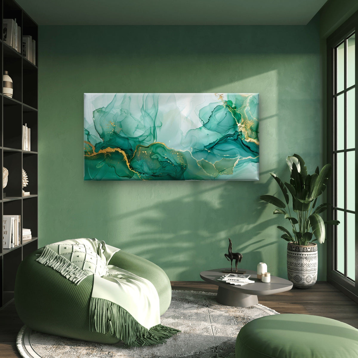 Emerald Gold Fluid Abstract Wall Art Canvas Office Home Room Framed 80x45cm