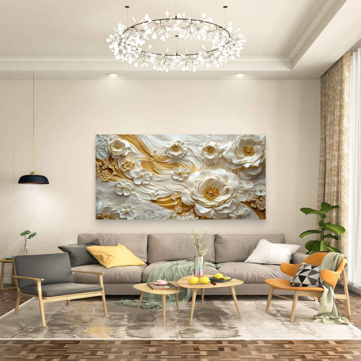 Creamy Golden Floral Cascade Wall Art Canvas Office Home Room Framed 120x60cm