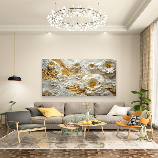 Creamy Golden Floral Cascade Wall Art Canvas Office Home Room Framed 80x45cm