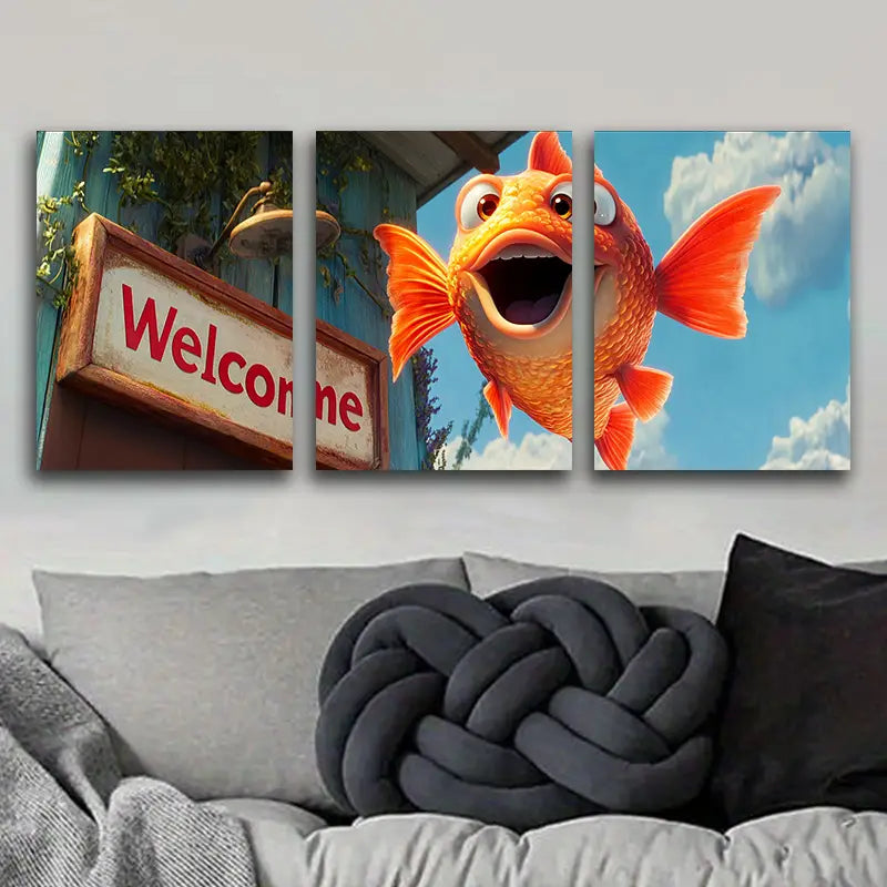 3pcs The Little Goldfish Said Welcome Metal Print Ready to Hang Art