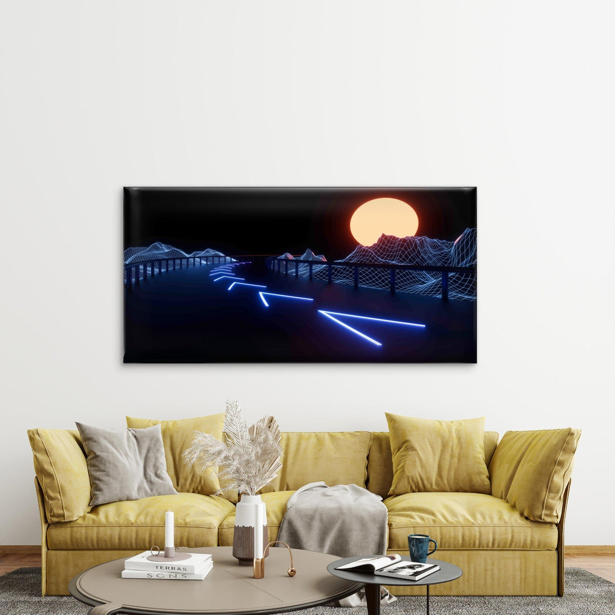 Blue Retro Neon Road Wall Art Canvas Office Home Room Framed 120x60cm