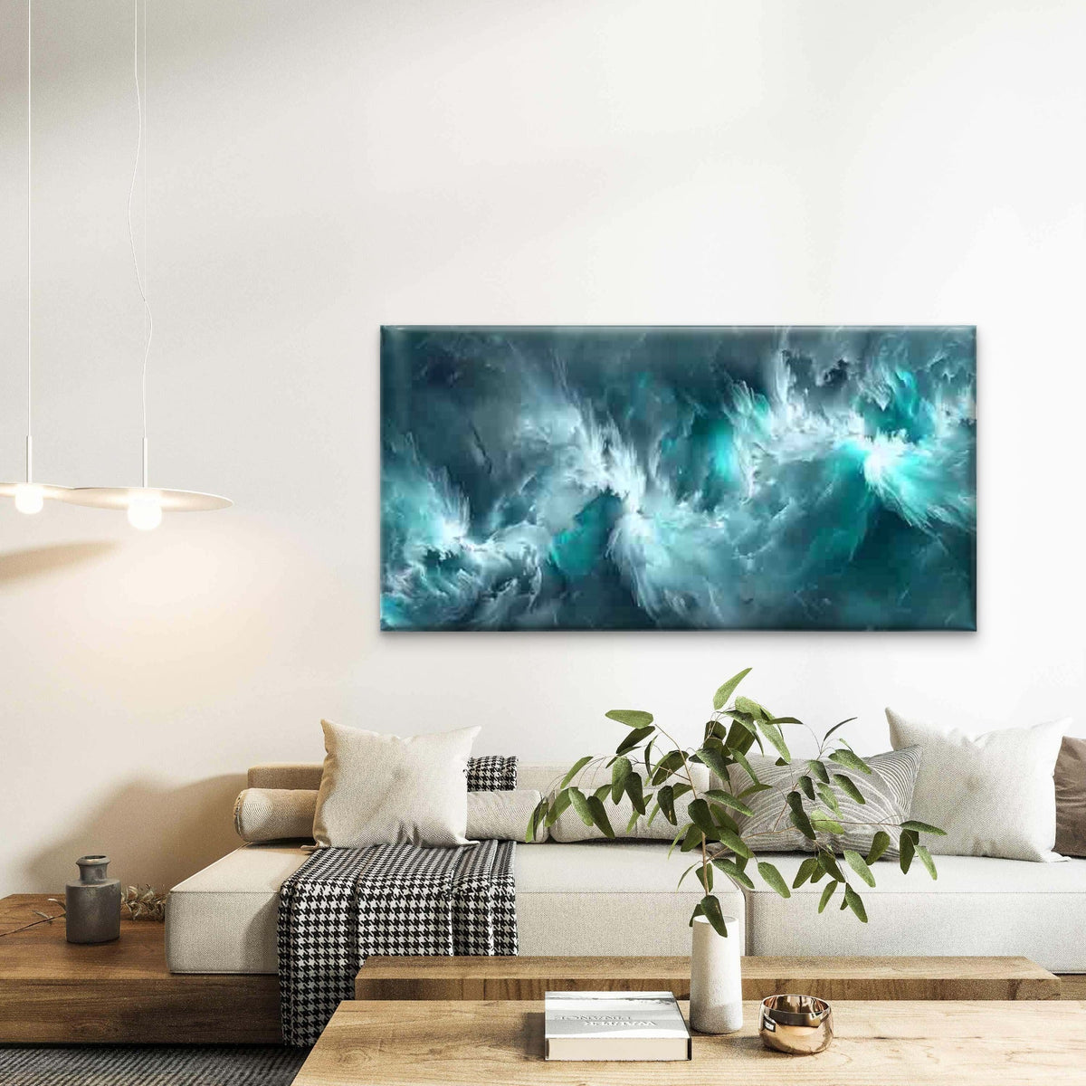 Abstract Turquoise Ocean Wall Art Canvas Office Home Room Framed 80x45cm