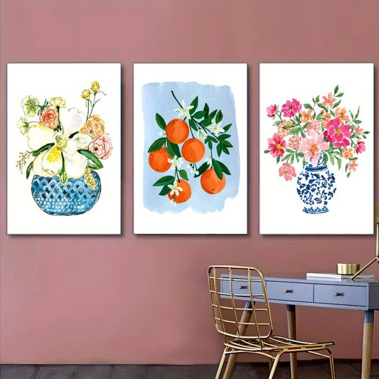 3pcs Featuring Beautiful Floral And Fruit Designs Metal Print Ready to Hang Art