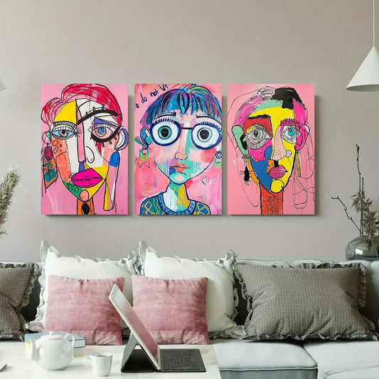 3pcs Colorful Geometric Faces with Bold Features and Expressions Metal Print Ready to Hang Art