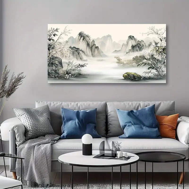 Glow Foggy Mountain Scene Misty Peaks & Serene Wall Art canvas office home room framed 120x60cm