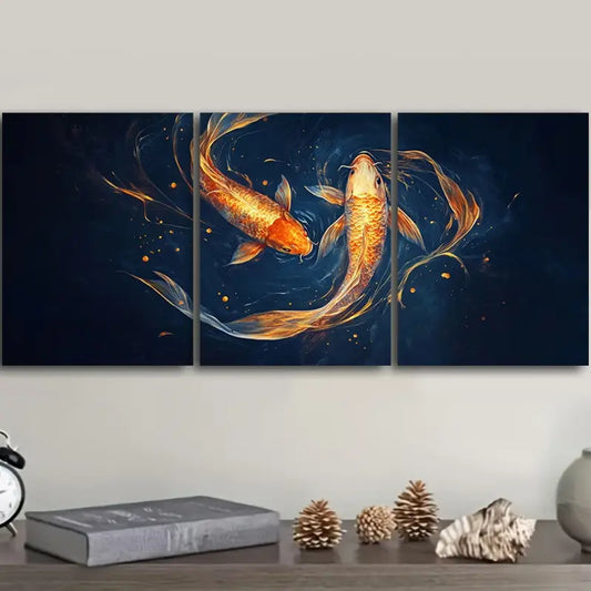3pcs Vibrant Golden Scales & Long Tail Design Metal Print Ready to Hang Art