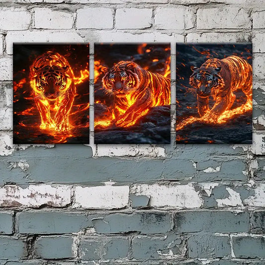 3pcs Vibrant Tiger in Magical Forest with Glowing Embers Metal Print Ready to Hang Art