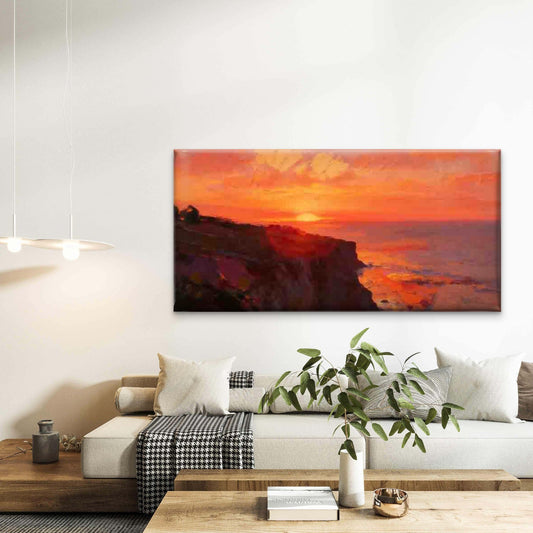 Sunset Ocean Cliff Landscape Wall Art Canvas Office Home Room Framed 80x45cm