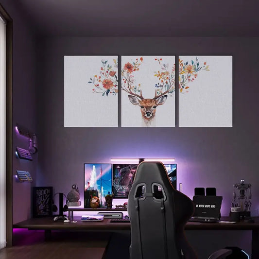 3pcs Watercolor Vibrant Floral Antler Deer Design Metal Print Ready to Hang Art