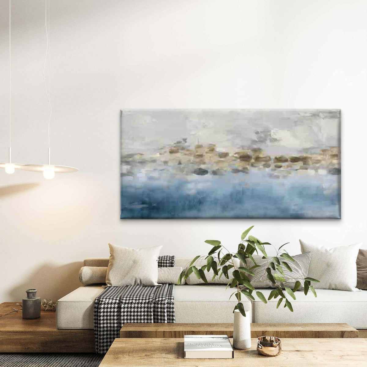 Abstract Blue & Golden Ink Pain Wall Art Canvas Office Home Room Framed 120x60cm