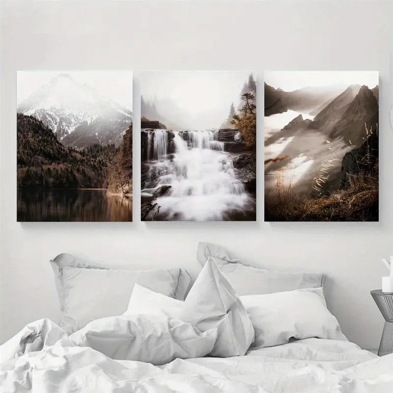 3pcs Multnomah Waterfalls Nature, Serene Mountain & Forest Metal Print Ready to Hang Art
