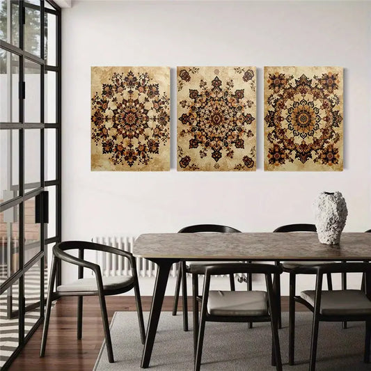 3pcs Vintage Mandala Boho Chic Floral Patterns Classic Design Metal Print Ready to Hang Art