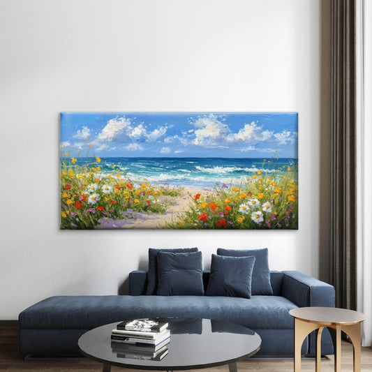 Sea & Floral Shoreline Wall Art Canvas Office Home Room Framed 80x45cm