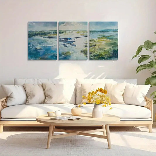 3pcs Seaplane & Serene Lakeside Scenes Metal Print Ready to Hang Art