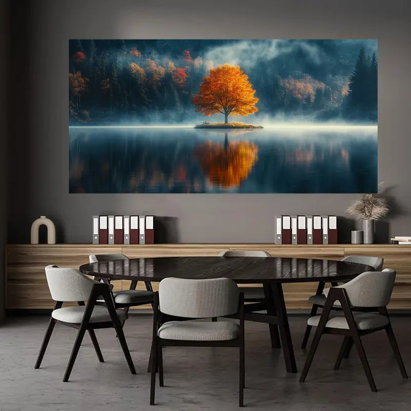 Vibrant Fall Colors Serene Misty Lake Landscape Wall Art wall canvas office home room framed 80x45cm