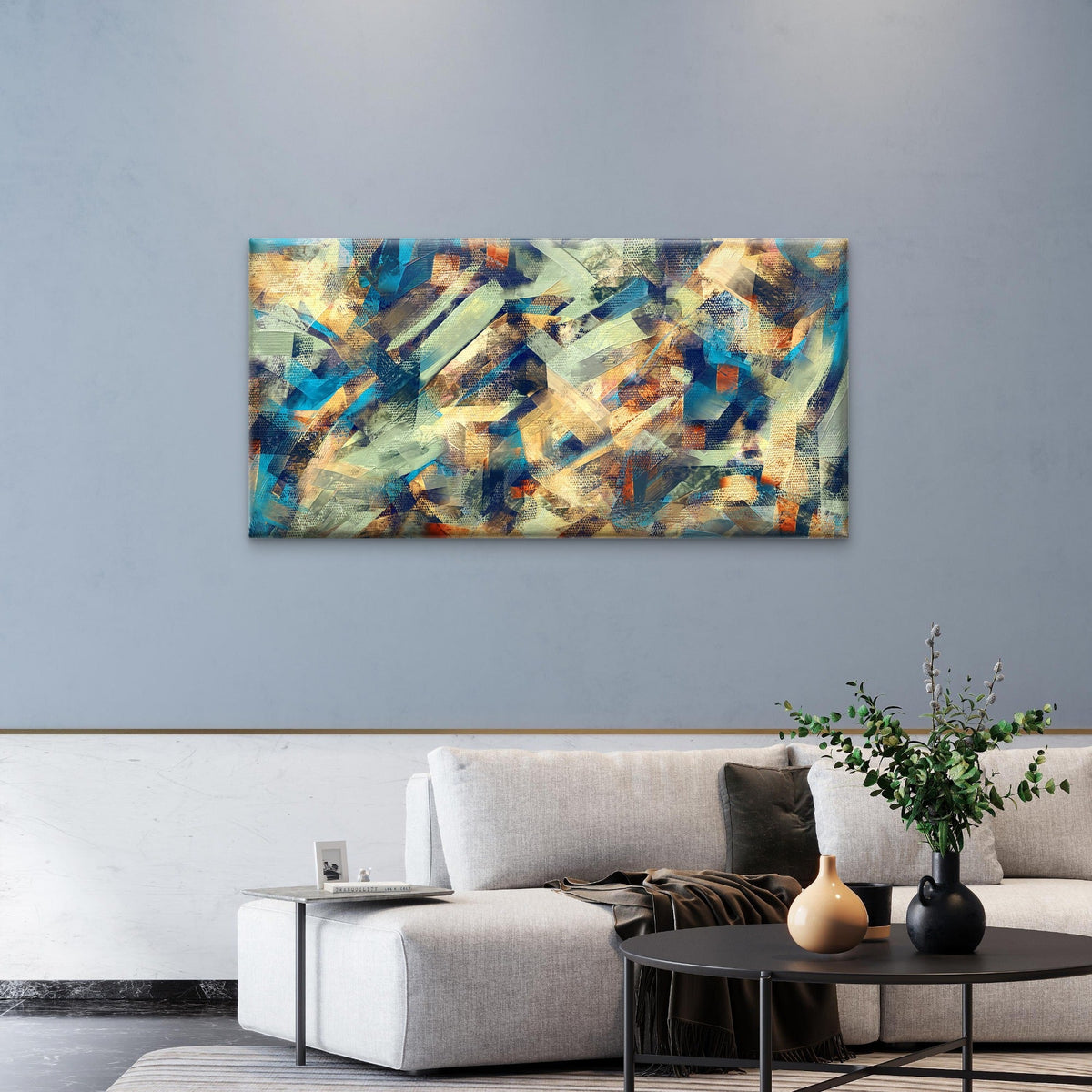 Teal Blue Gold Geometric Stroke Wall Art Canvas Office Home Room Framed 120x60cm