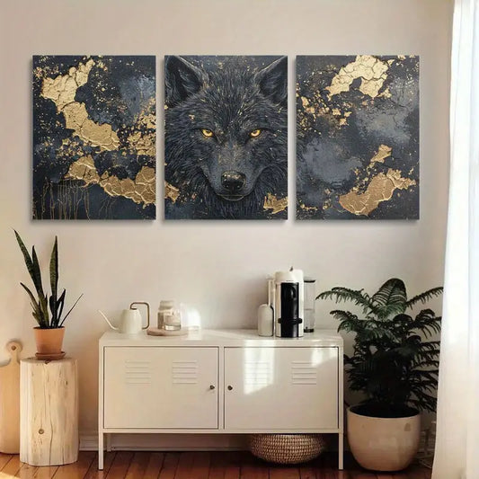 3pcs Black and Golden Eyes Wolf Abstract Metal Print Ready to Hang Art