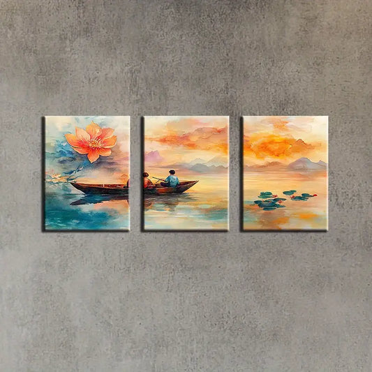 3pcs Serene Lake with Lotus Flowers, Sunset Sky Metal Print Ready to Hang Art