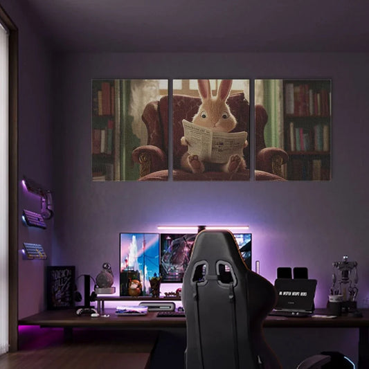 3pcs Adorable Bunny with Newspaper Classic Design Metal Print Ready to Hang Art