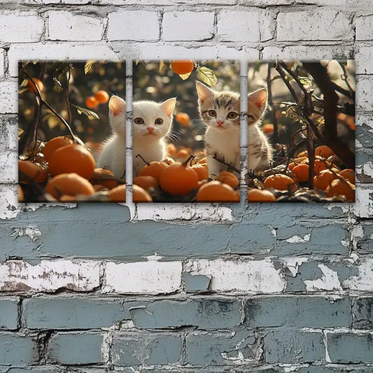 3pcs Playful Kittens on Orange Tree with Vibrant Fruits Metal Print Ready to Hang Art